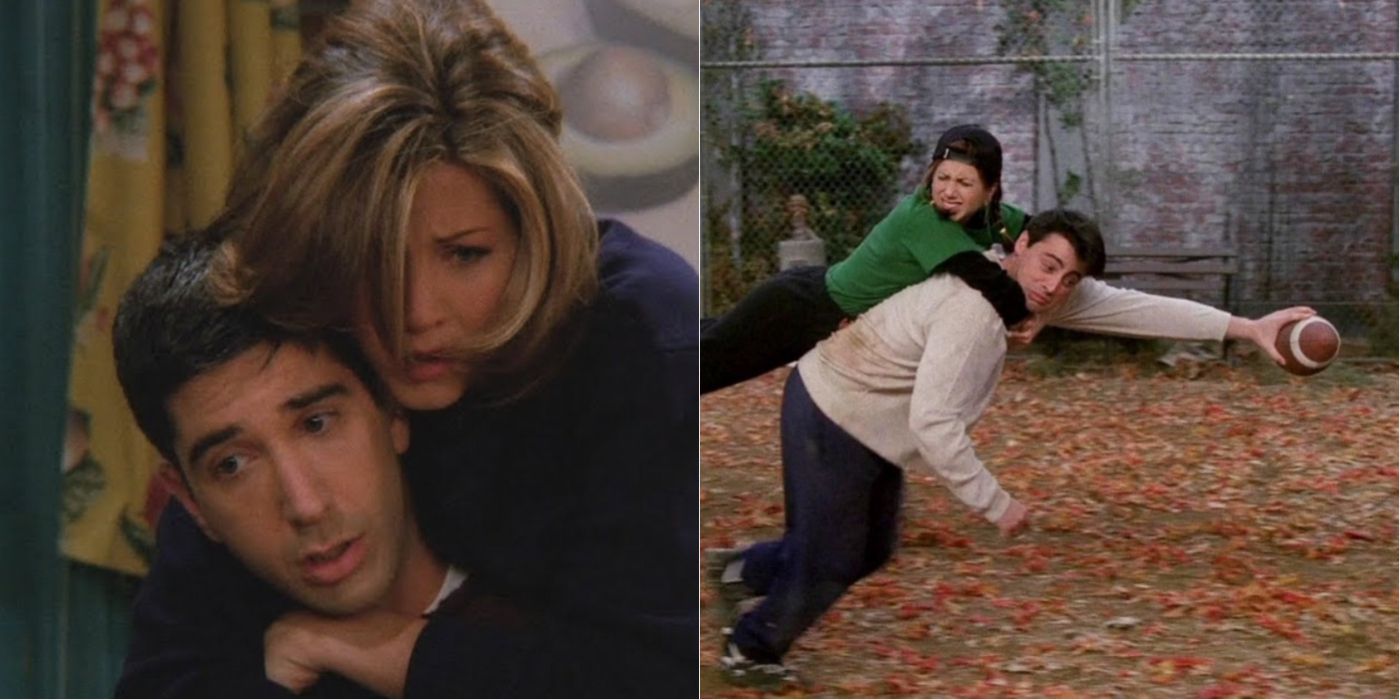 Split image of Ross and Rachel and Rachel and Joey in Friends