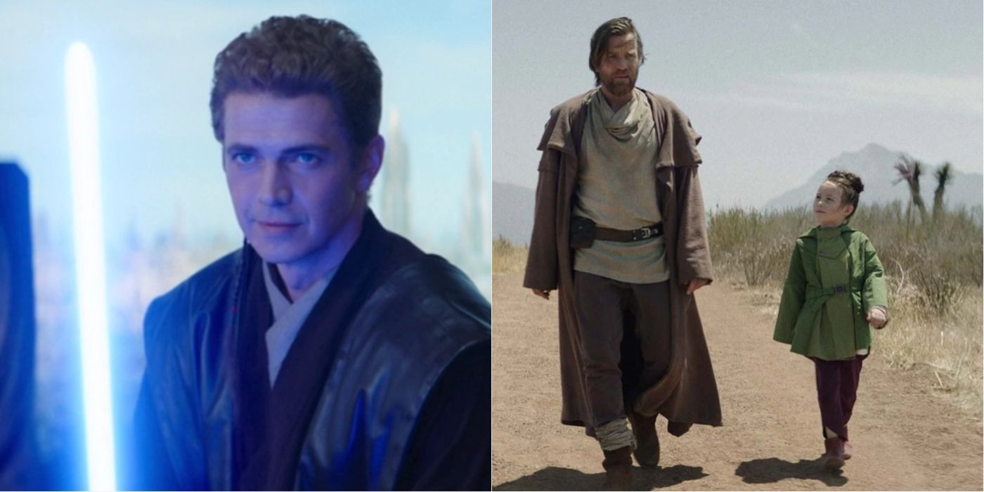 Split image of Anakin and Obi-Wan Kenobi with Leia