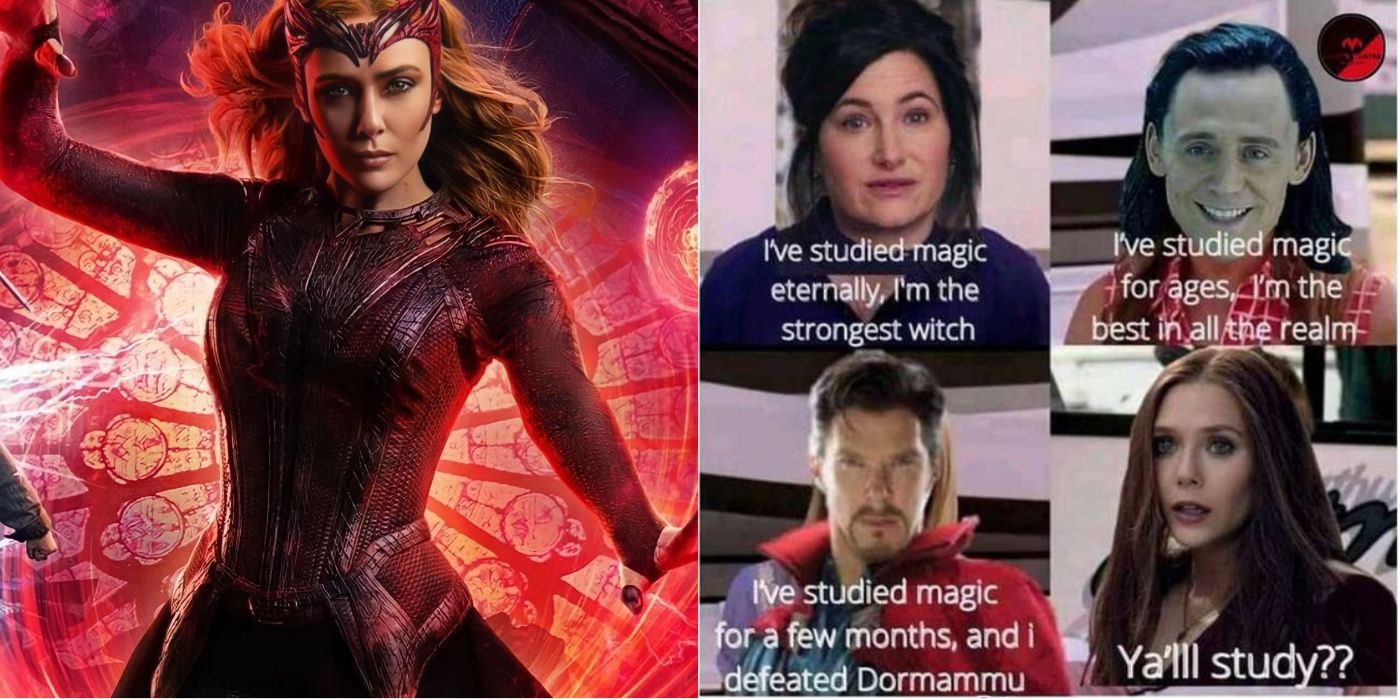 A split image of Scarlet Witch in Doctor Strange 2 and a meme.