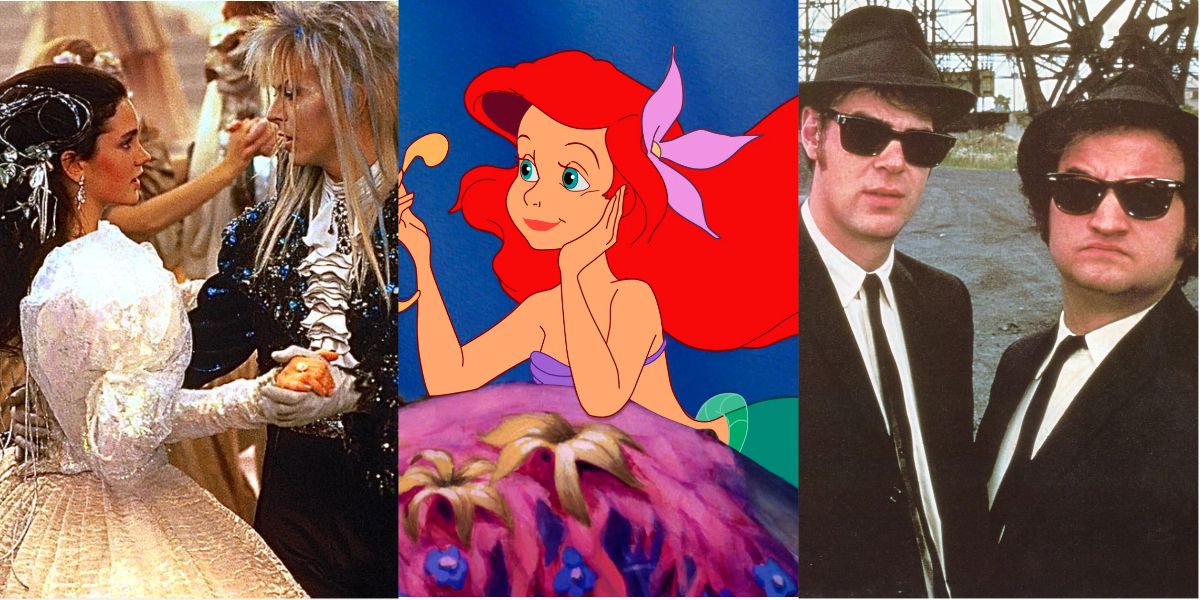 Three side by side images of Labyrinth, Little Mermaid, and The Blues Brothers.