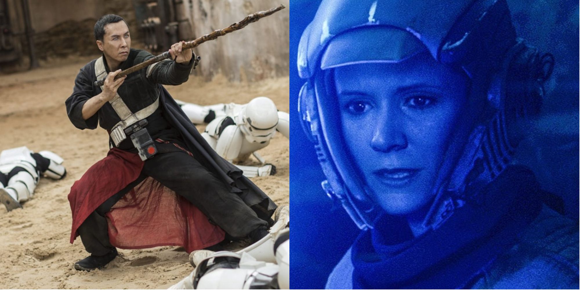 Split image of Leia and Chirrut