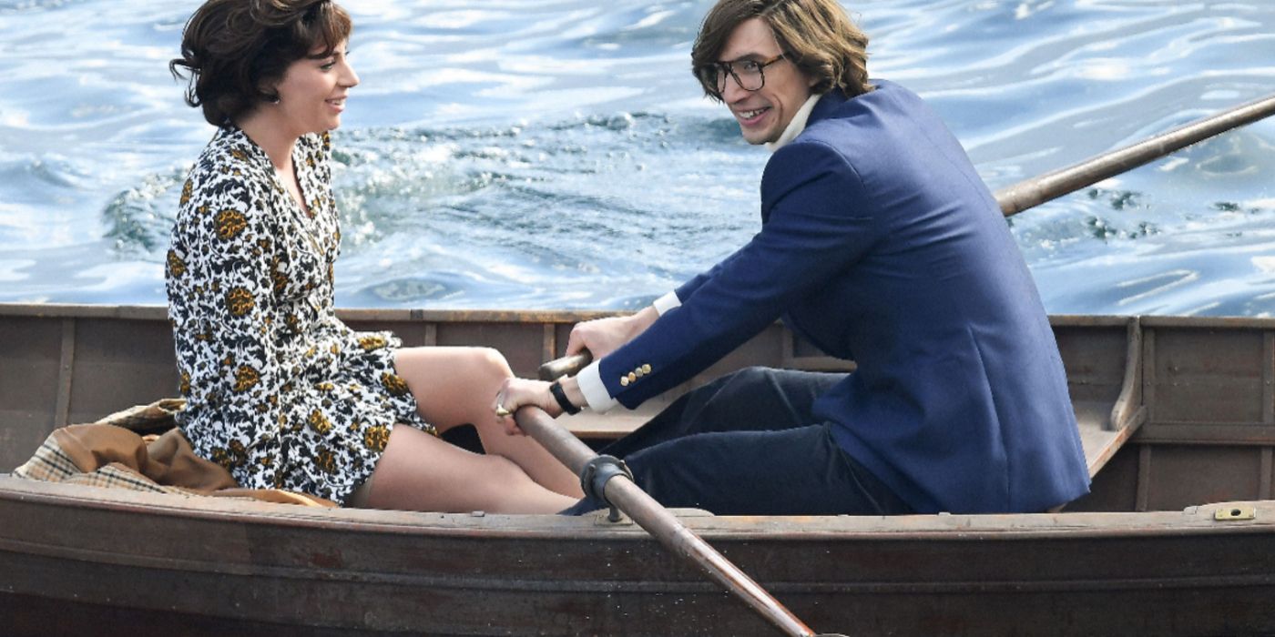 Patrizia Reggiani (Lady Gaga) in a rowboat with Maurizio Gucci (Adam Driver) in House of Gucci