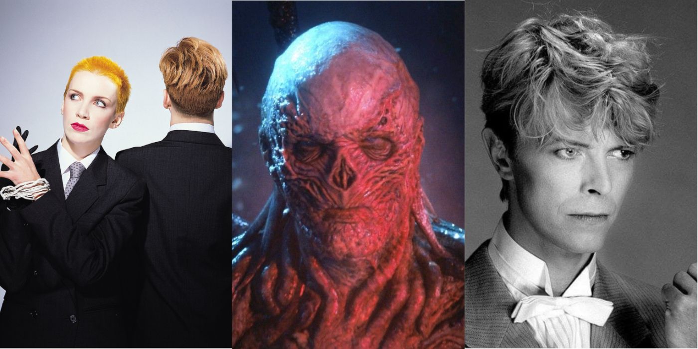 Split image of Eurythmics, Vecna from Stranger Things and David Bowie