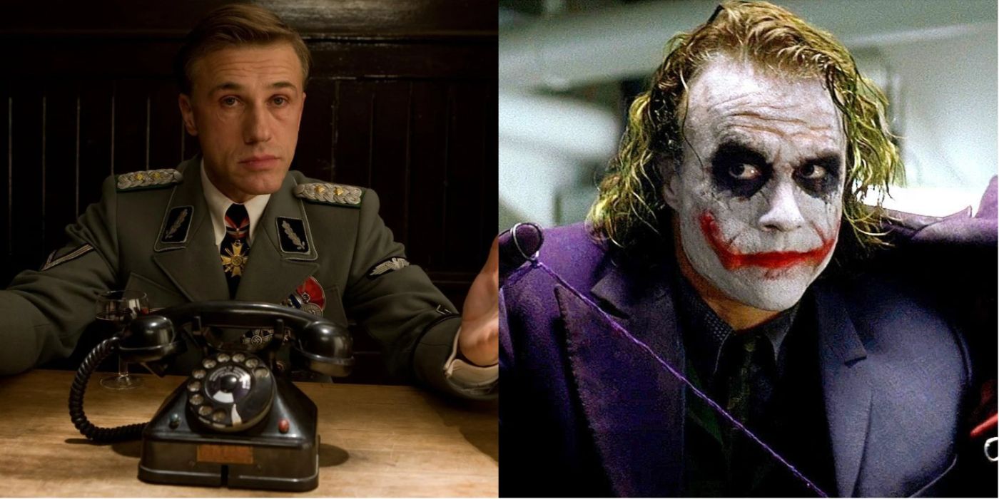 Split image of Christoph Waltz in Inglourious Basterds and Heath Ledger in The Dark Knight