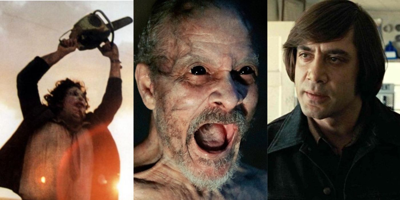 Stills from The Texas Chainsaw Massacre, It Comes At Night, and No Country For Old Men.