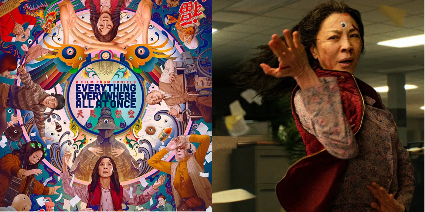 Split Image Everything Everywhere All At Once Poster and Evelyn Wang
