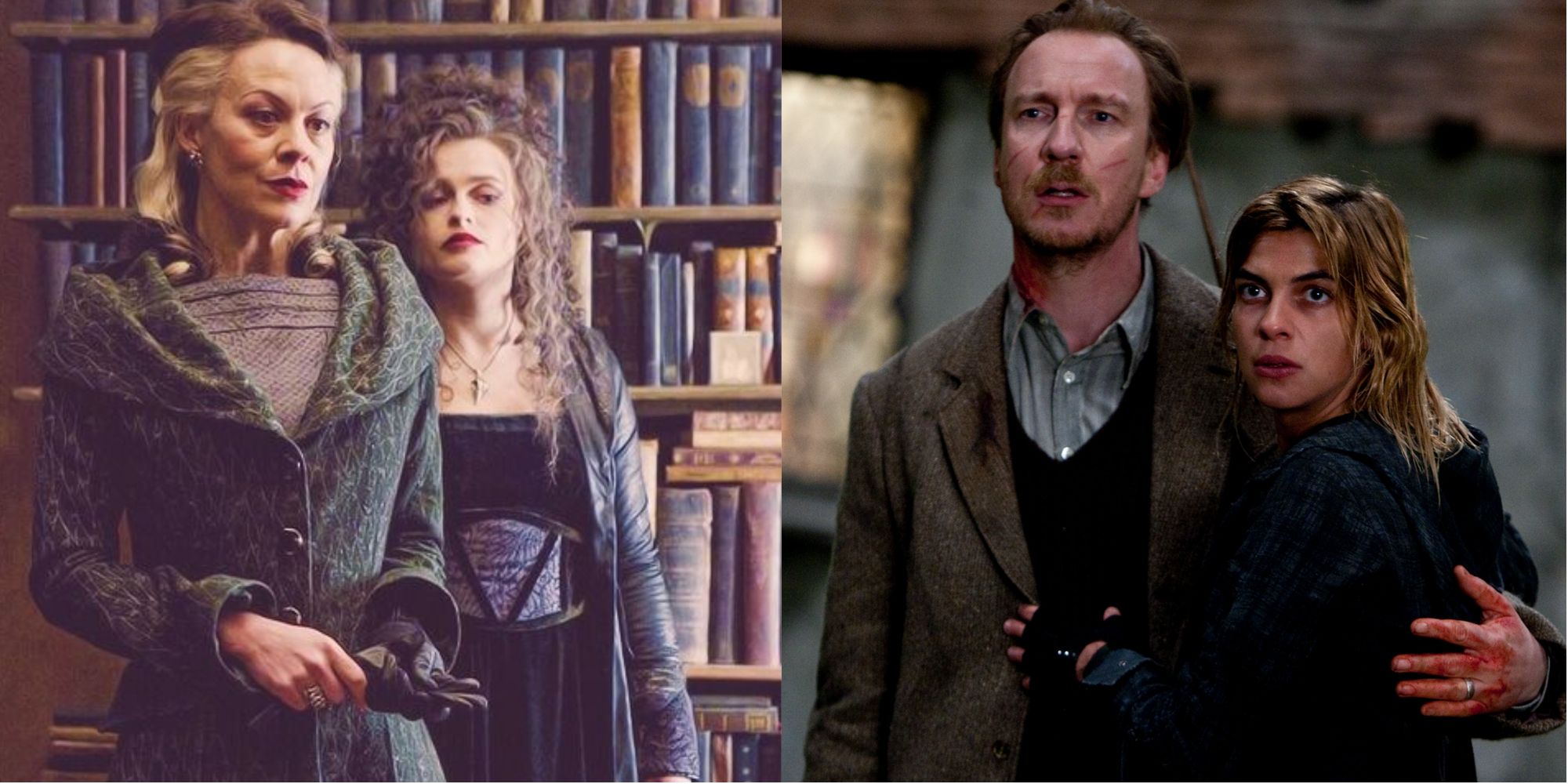 Split image of Narcissa and Bellatrix and Lupin and Tonks