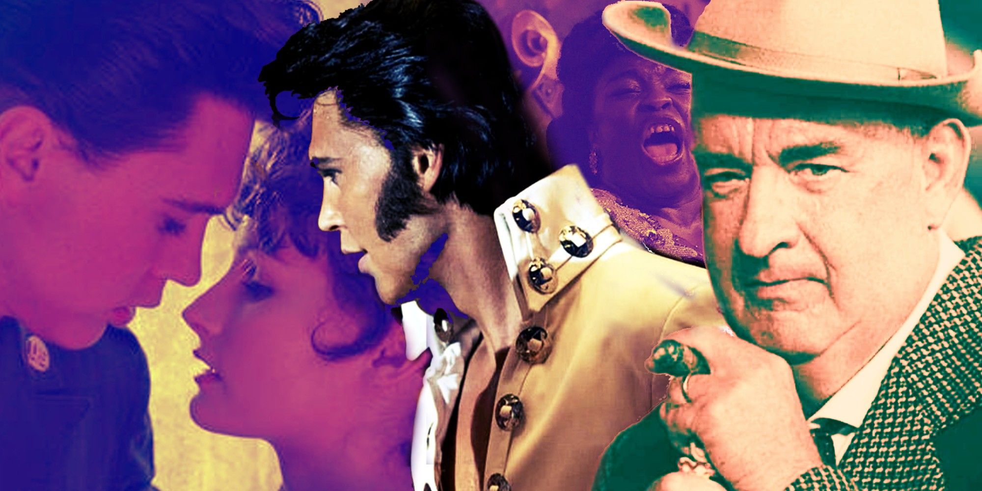 Colagem de Elvis com Priscilla, Big Mama Thornton e Coronel Tom Parker em Elvis