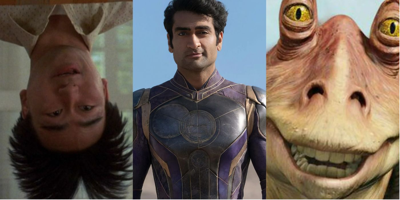 a tri-split image showing (from left to right) Long Duk Dong from Sixteen Candles, Kingo from Eternals, and Jar Jar Binks from Star Wars