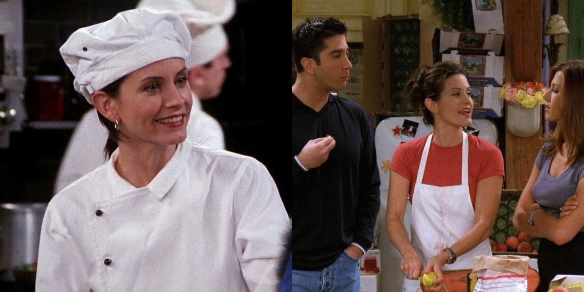 Split image showing Monica alone and with Ross and Rachel in Friends.