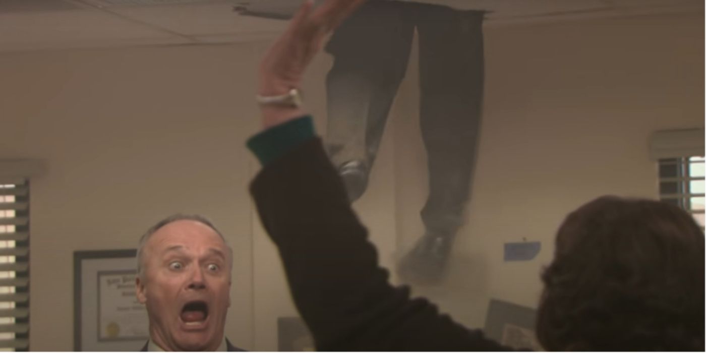 Creed Bratton Phyllis Vance And Oscar Martinez trying to escape out of the Dunder Mifflin building in The Office
