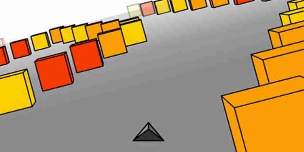 A triangle navigates through a maze of orange boxes in Cubefield.