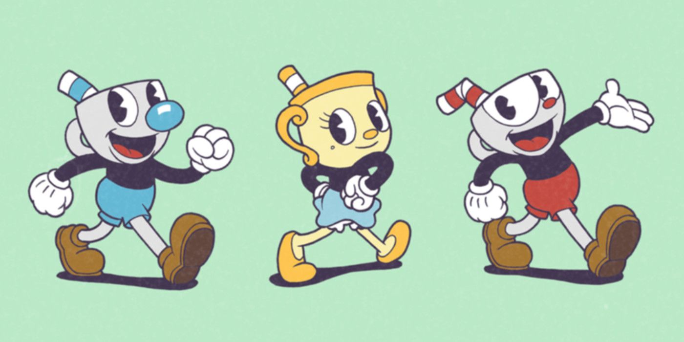 The main trio of characters in Cuphead: The Delicious Last Course DLC key art.