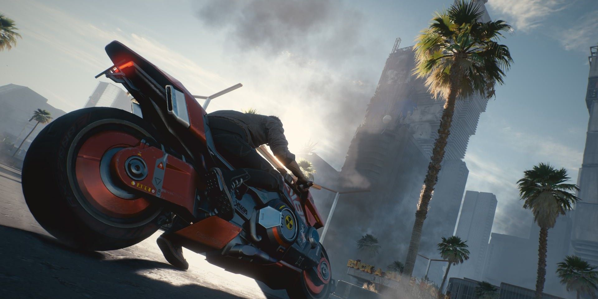 V riding a motorcycle in Cyberpunk 2077.