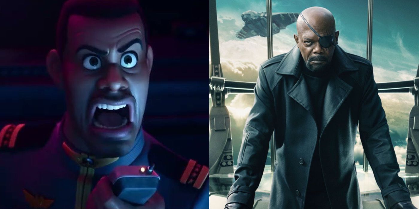 Commander Burnside from Lightyear yells in an image next to a picture of Nick Fury from the MCU