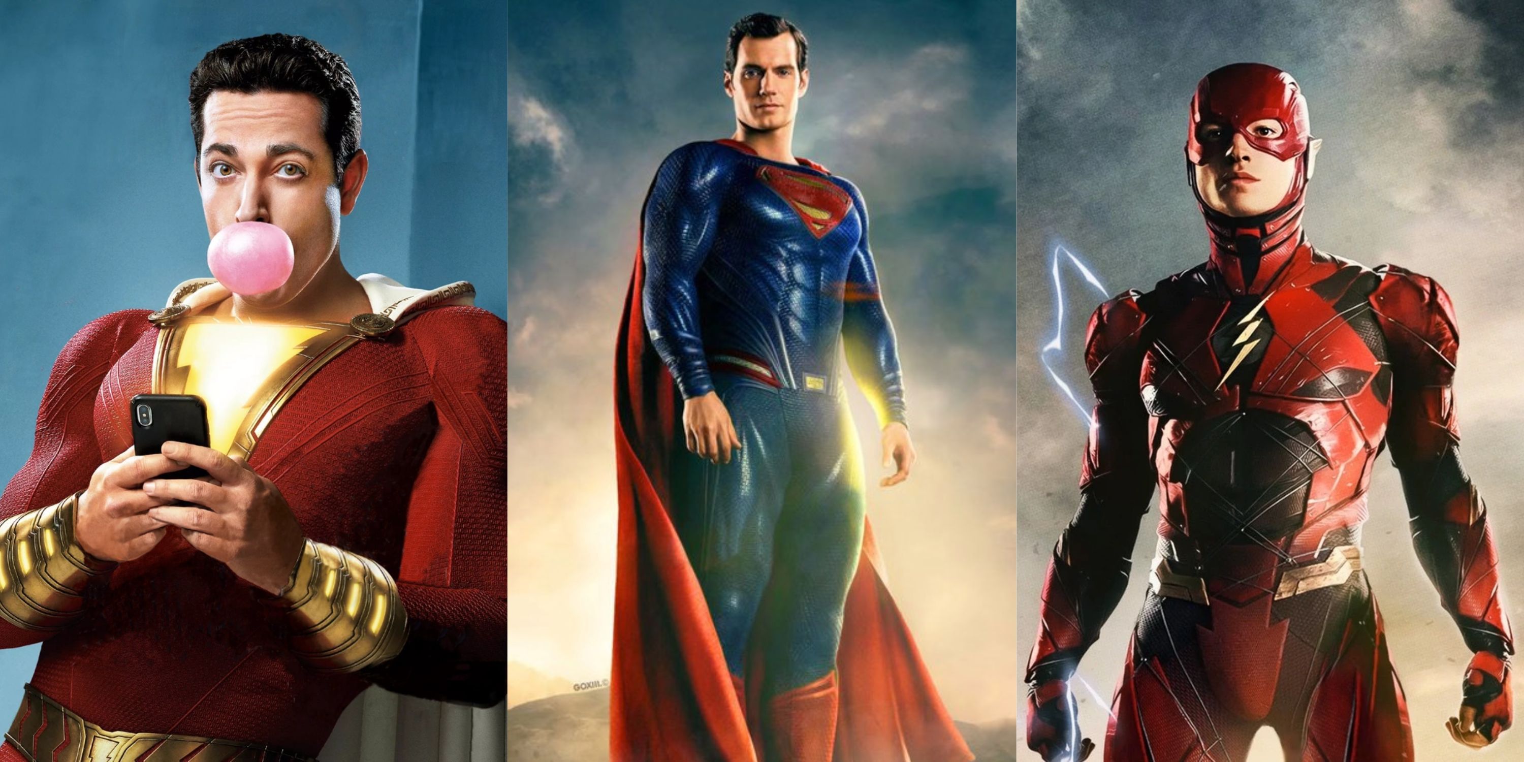 A split image of Superman, Shazam, and the Flash