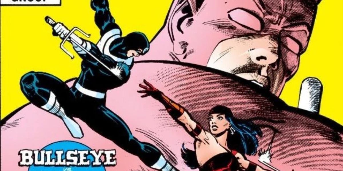 Bullseye and Elektra fight on the cover of Daredevil