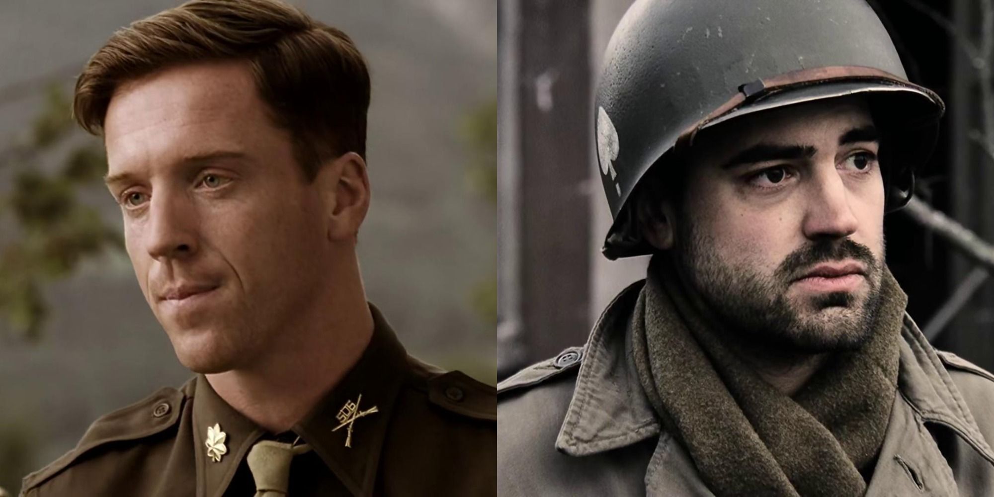 Split image showing Dick Winters and Lewis Nixon in Band of Brothers.