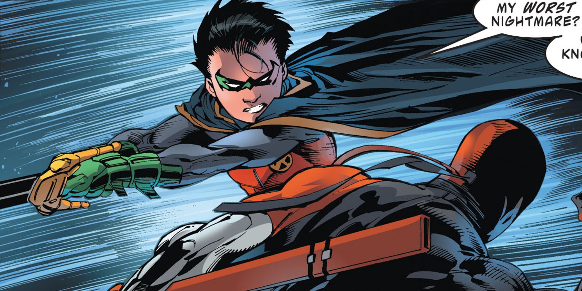 Damian Wayne fighting Deathstroke with a sword
