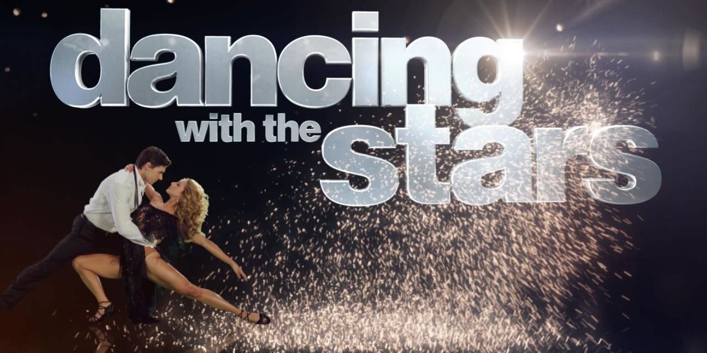Dancing With The Stars poster with a couple dancing and posing on stage