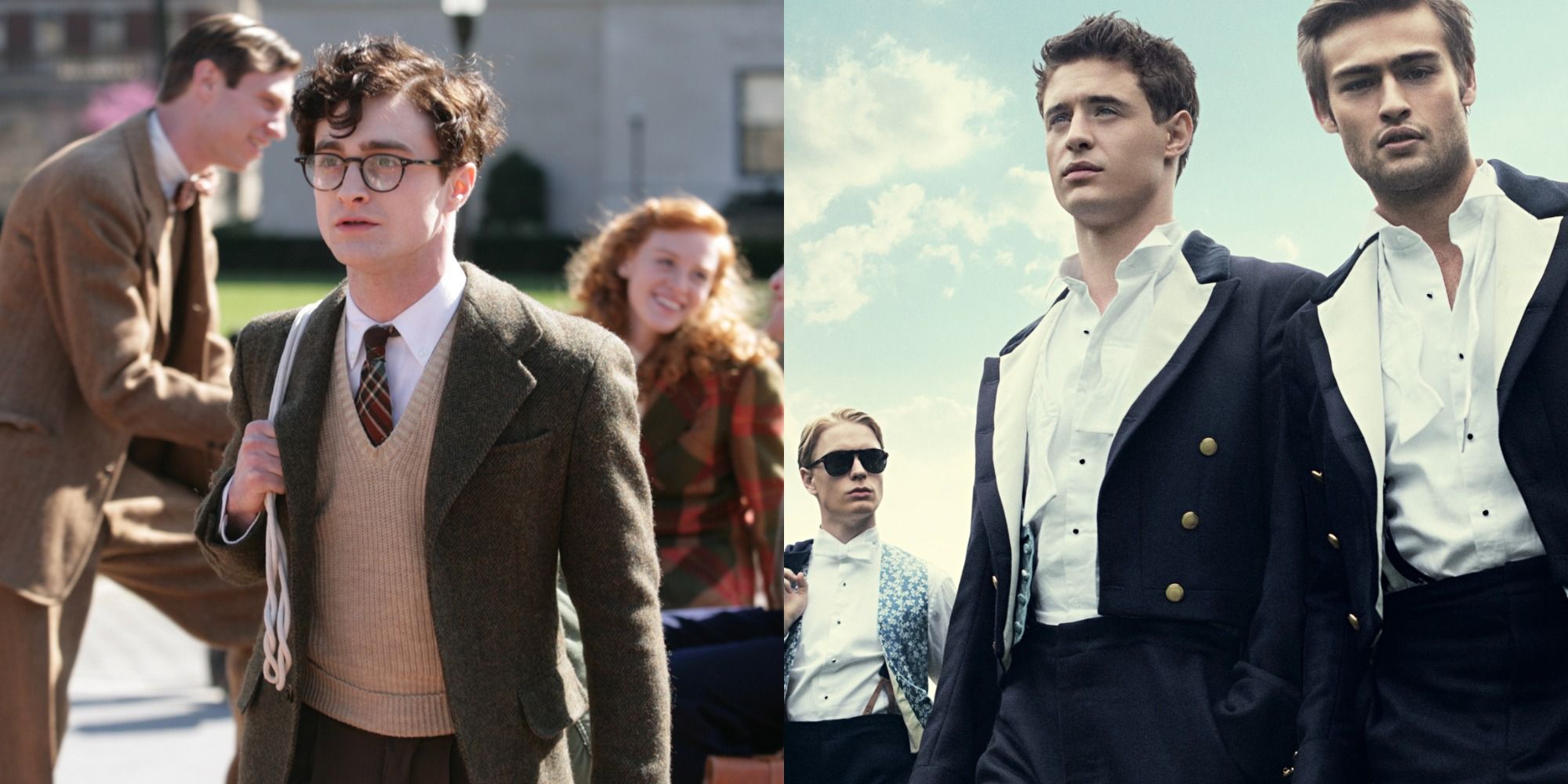 Split image showing Allen in Kill Your Darlings and Miles and Harry in The Riot Club.