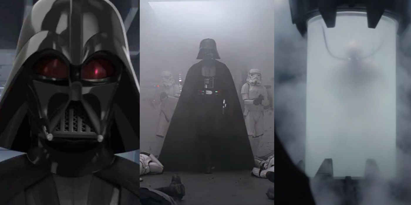 A split image of Darth Vader's entrances in various pieces of Star Wars media.