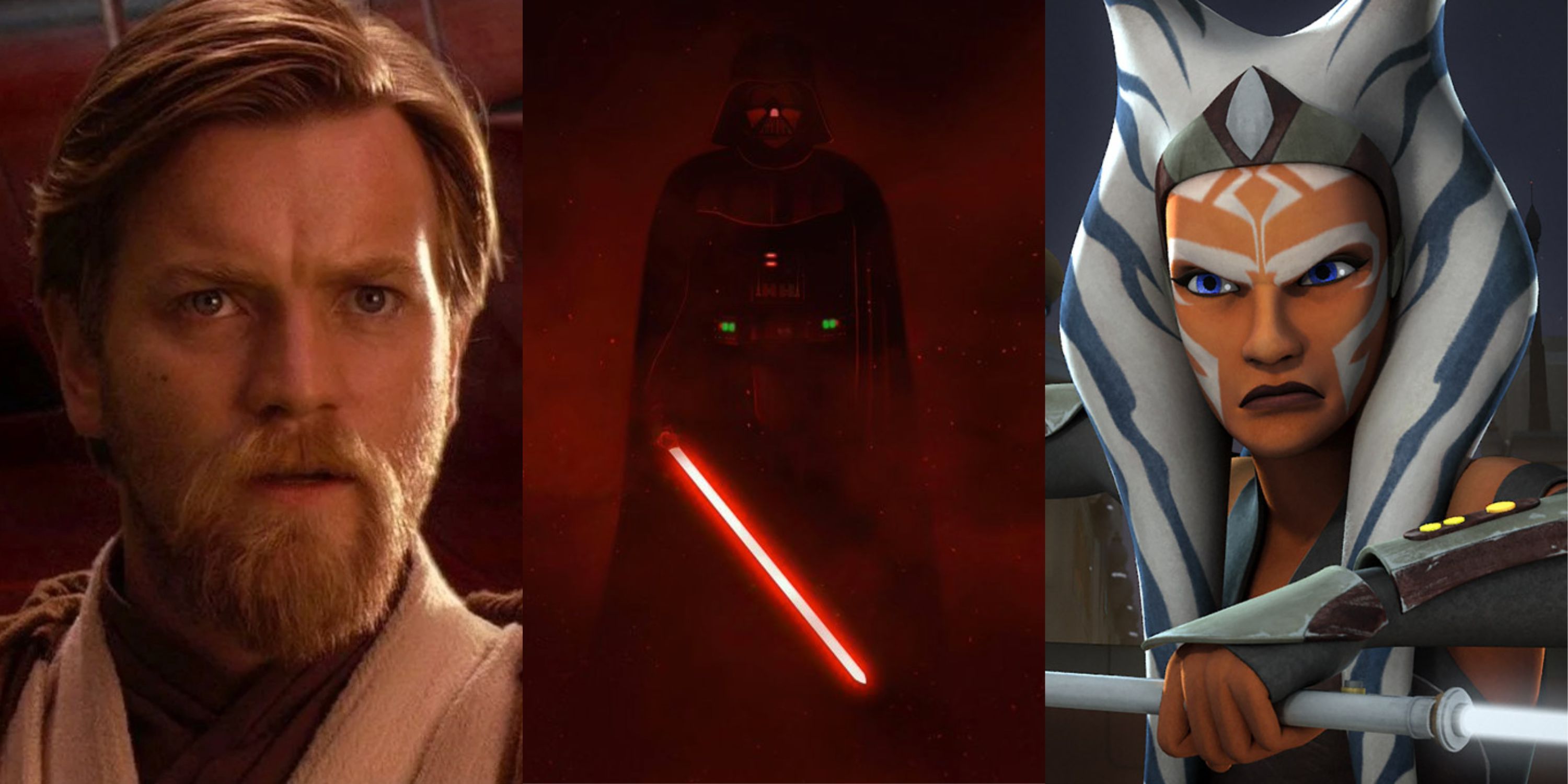 Split image of Obi-Wan, Darth Vader and Ahsoka