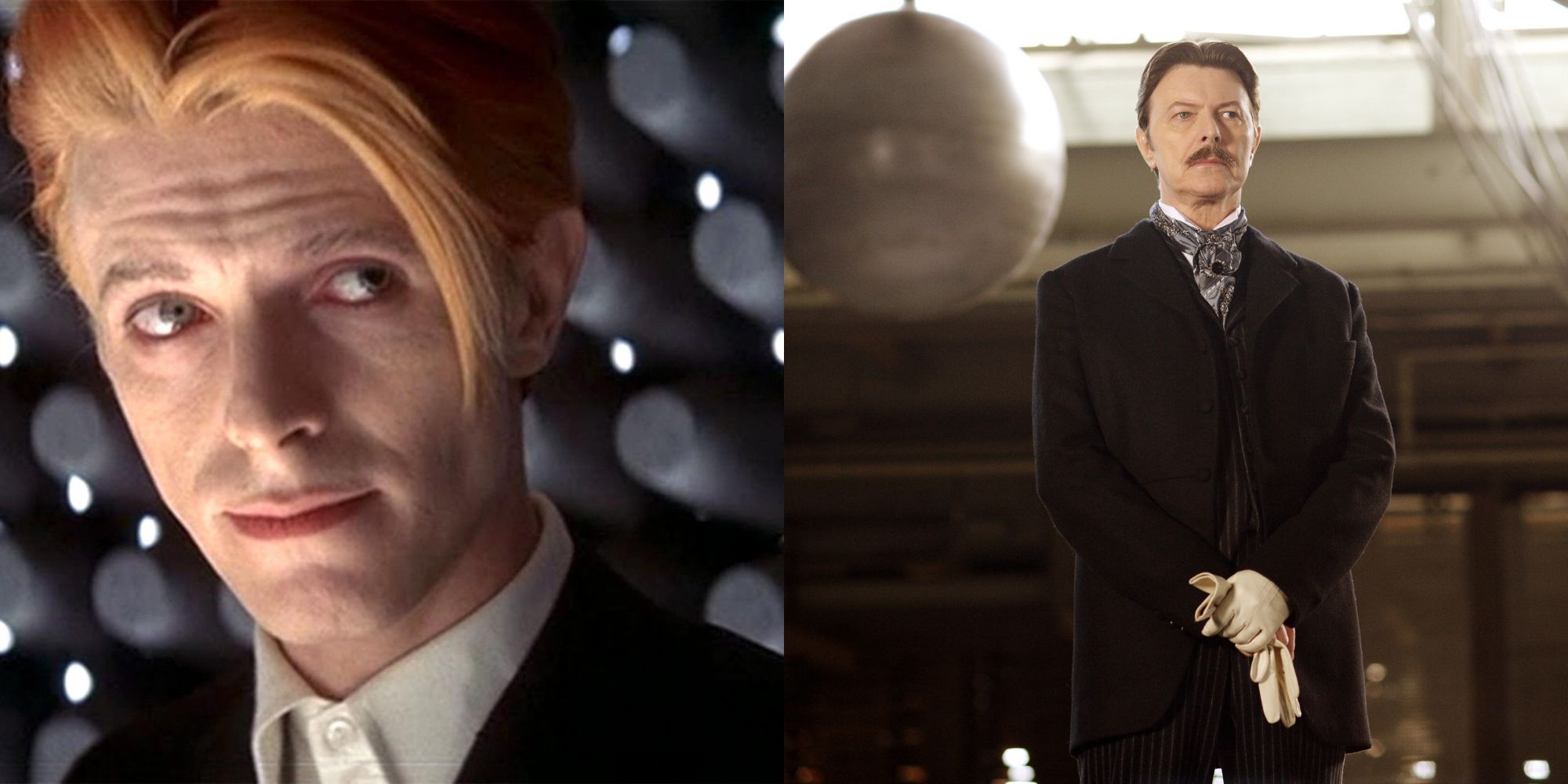 Split image showing David Bowie in The Man Who Fell to Earth and The Prestige.