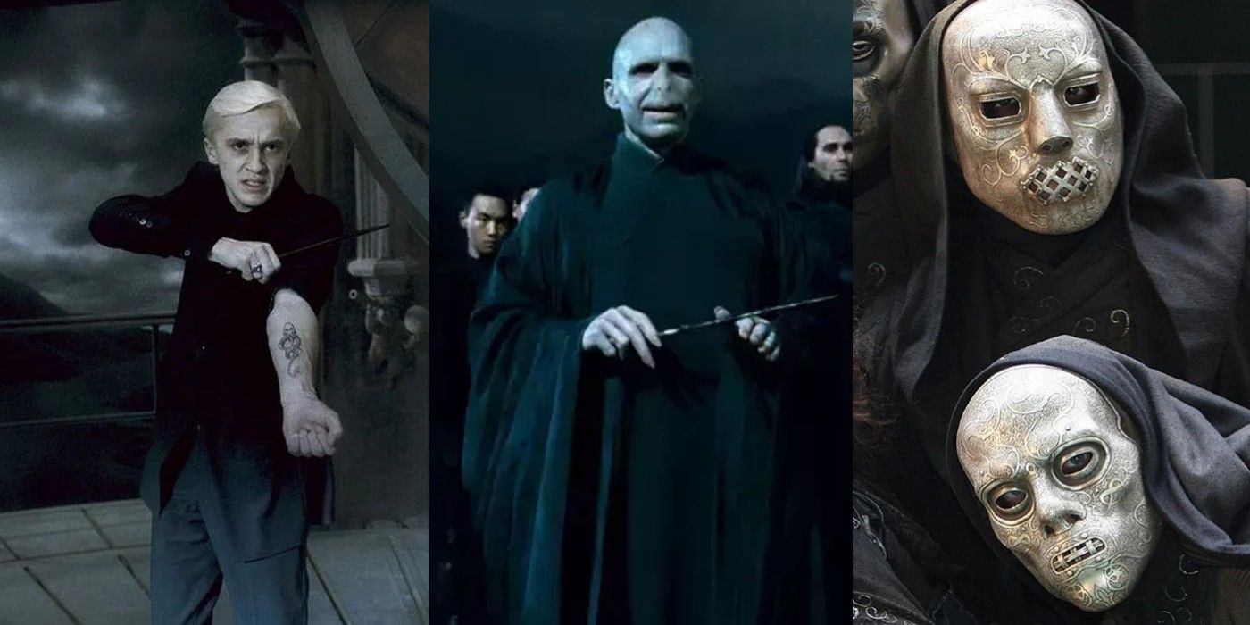 Split image of Draco showing his Dark Mark, Voldemort, and masked Death Eaters