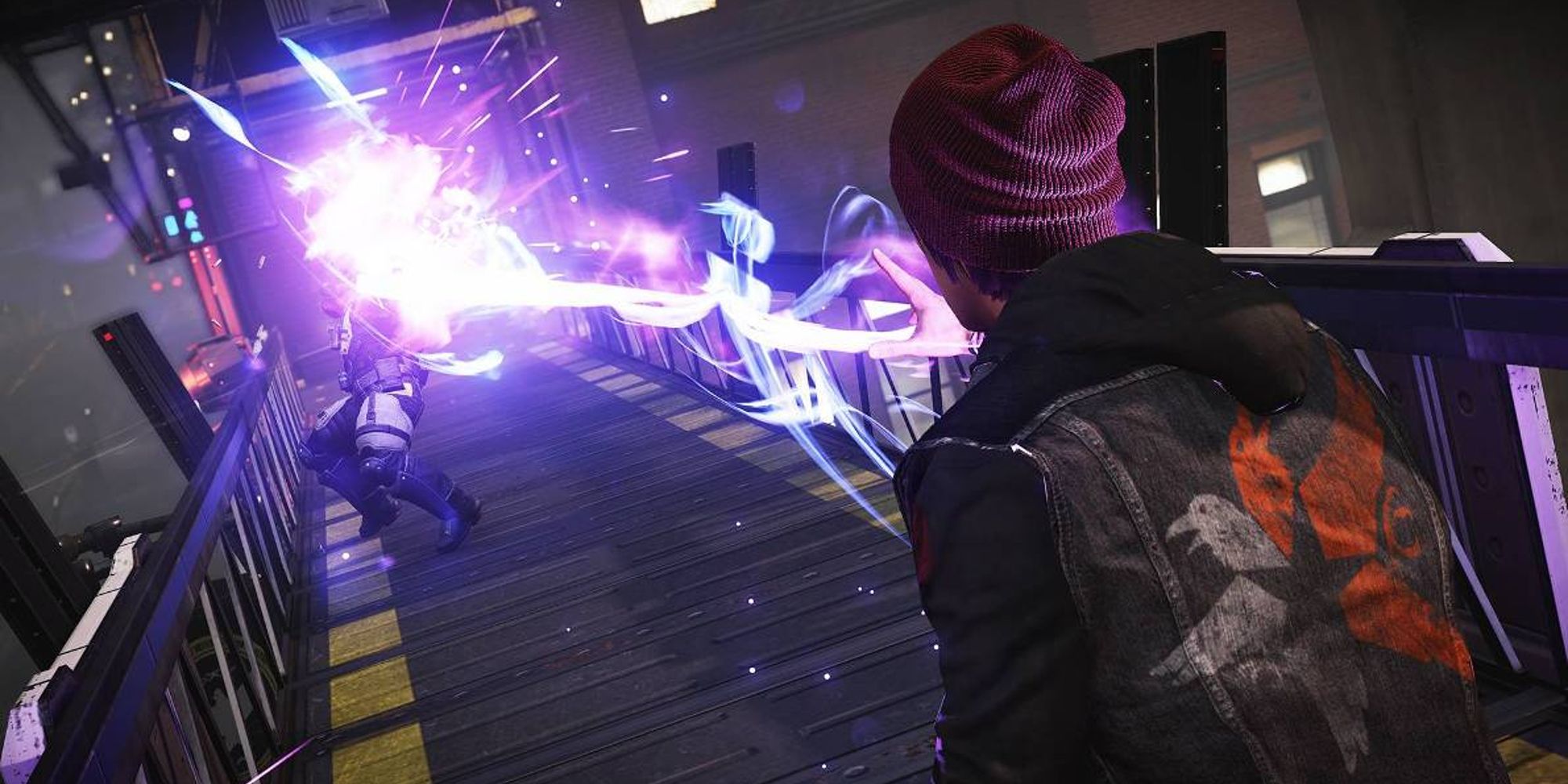Delsin blasting an enemy with a Neon beam in InFamous Second Son