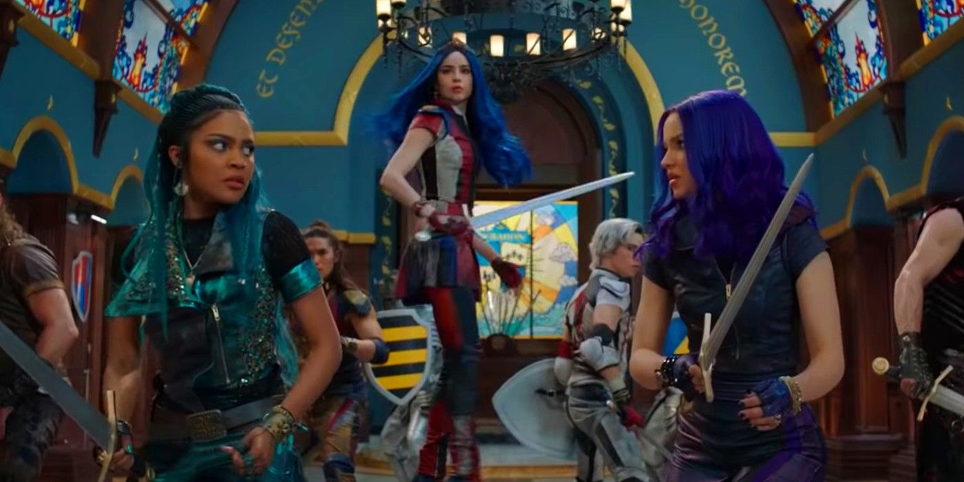Three characters in Descendants standing back to back, holding swords.