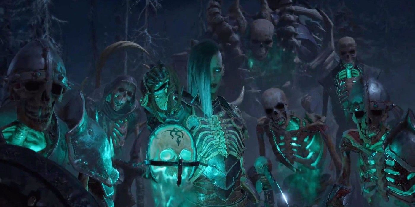 Oeuvre d'un nécromancien entouré de ses sbires morts-vivants dans Diablo 4.