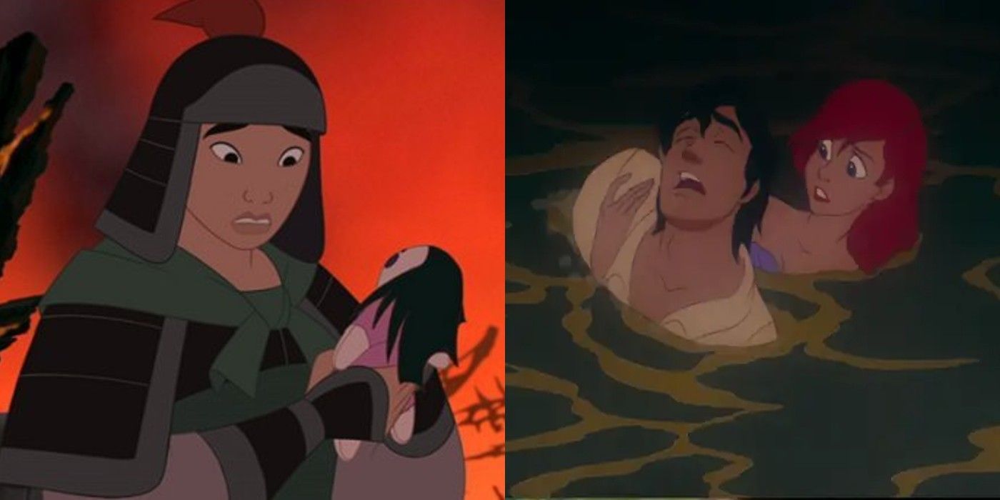 Split image of Mulan looking at a little girl's doll and Ariel saving Prince Eric