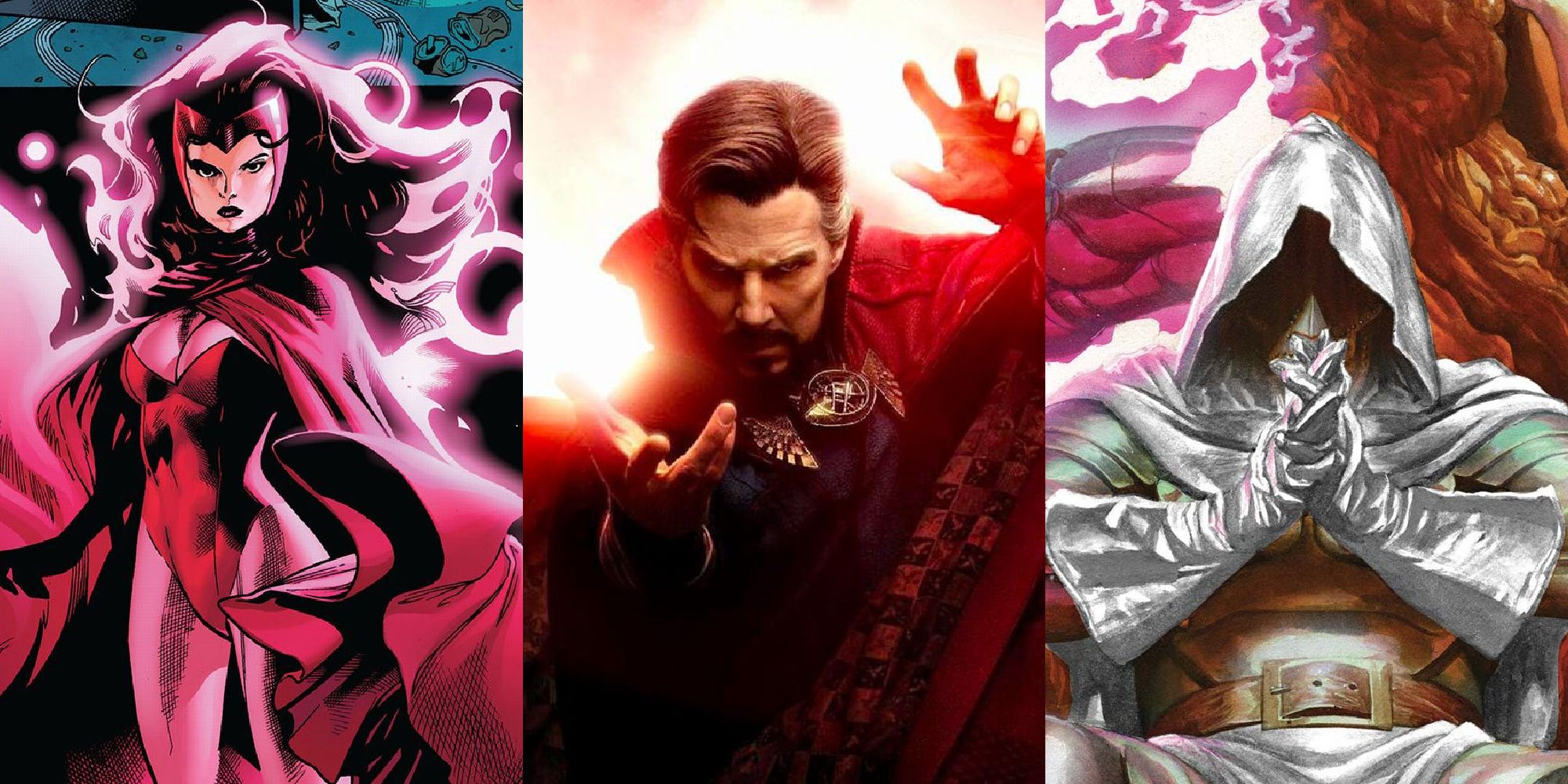 Split image of Scarlet Witch and Doctor Doom from Marvel Comics and Doctor Strange from Multiverse of Madness.