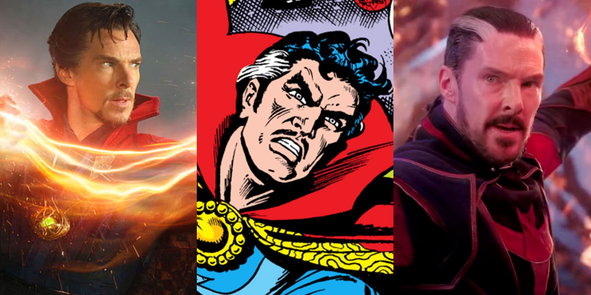 Three side by side images from Doctor Strange comics and movies.
