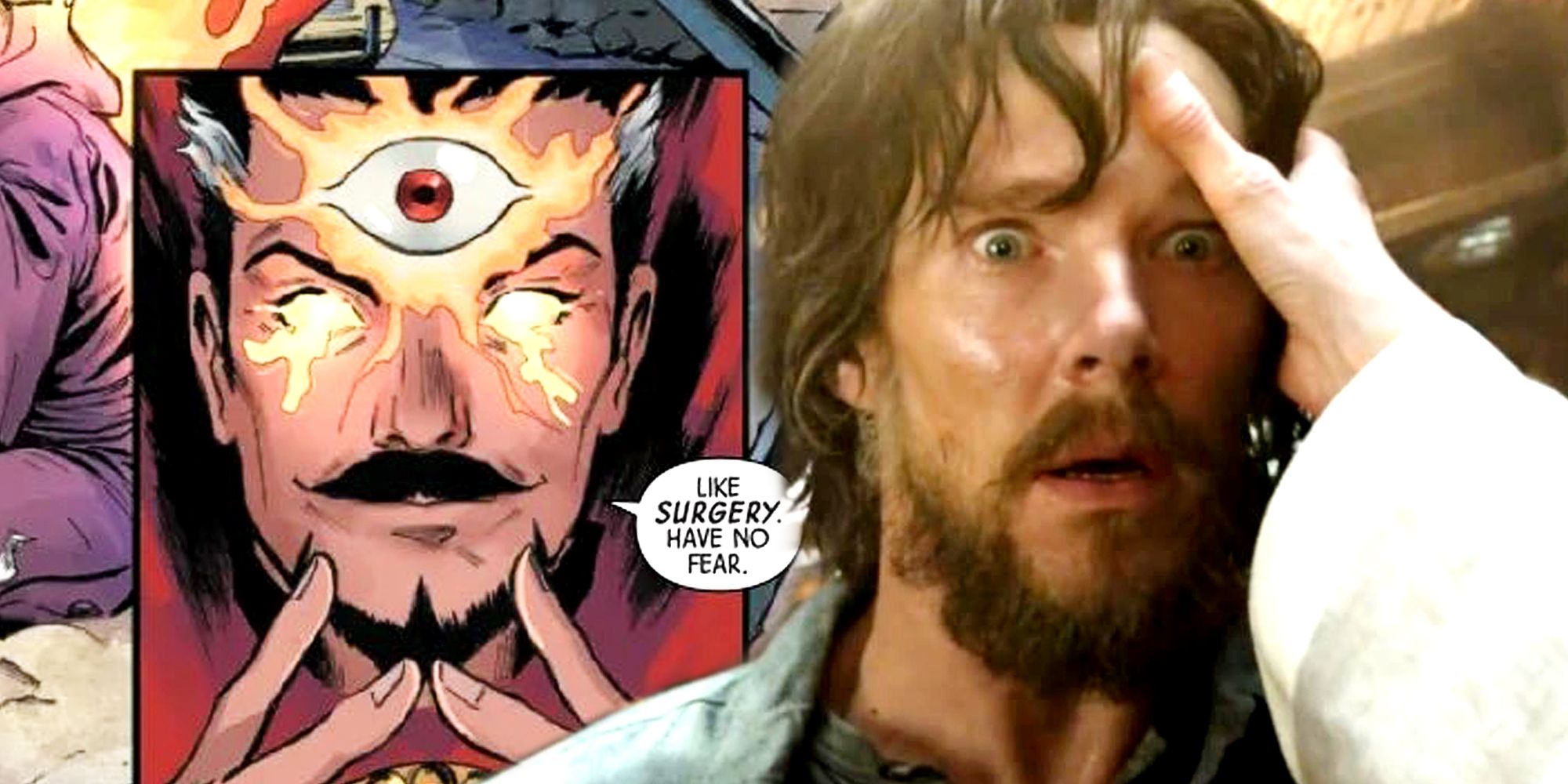 A blended image features Doctor Strange with his third eye in Marvel comics and being encouraged to open his third eye in the 2016 MCU Doctor Strange movie