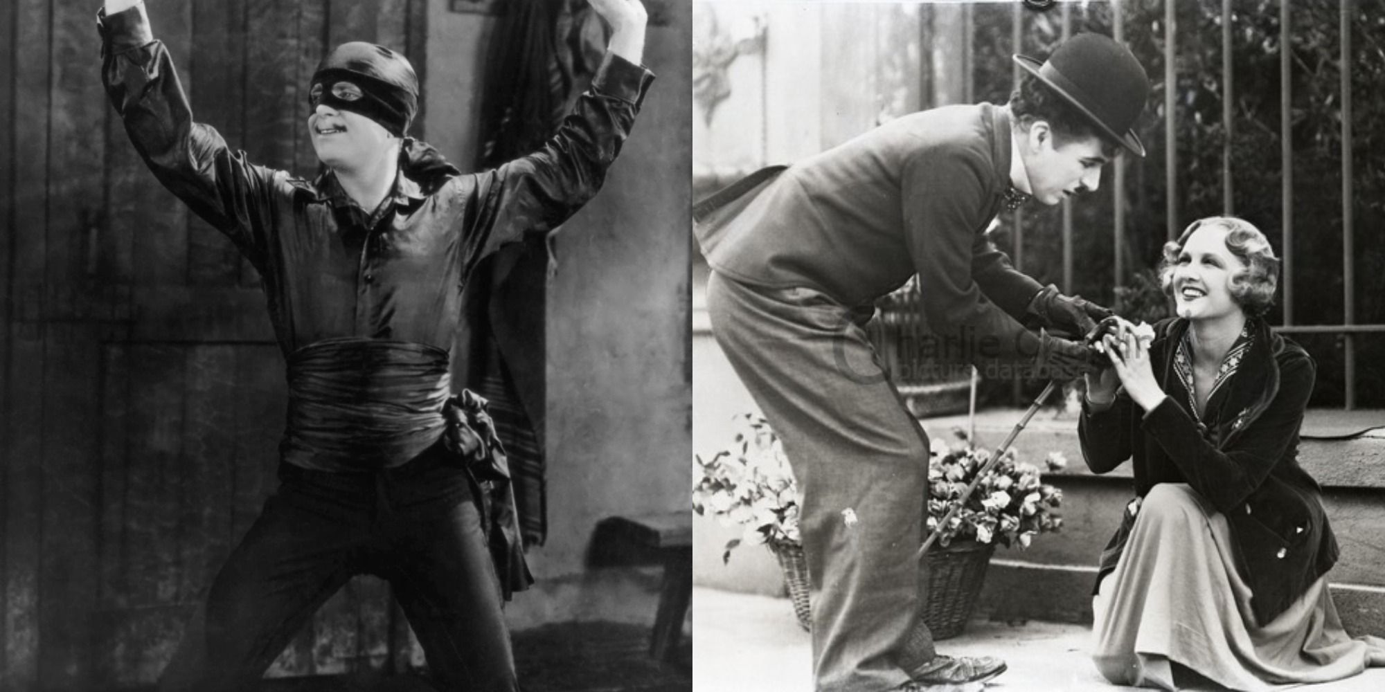 Split image showing Zorro in The Mask of Zorro and The Tramp in City Lights.