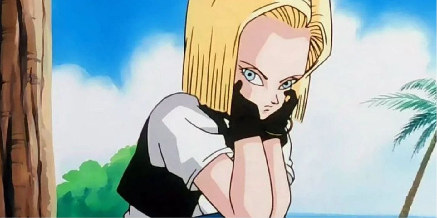 Image of Dragon Ball Z character Android 18 holding her head in her hands.
