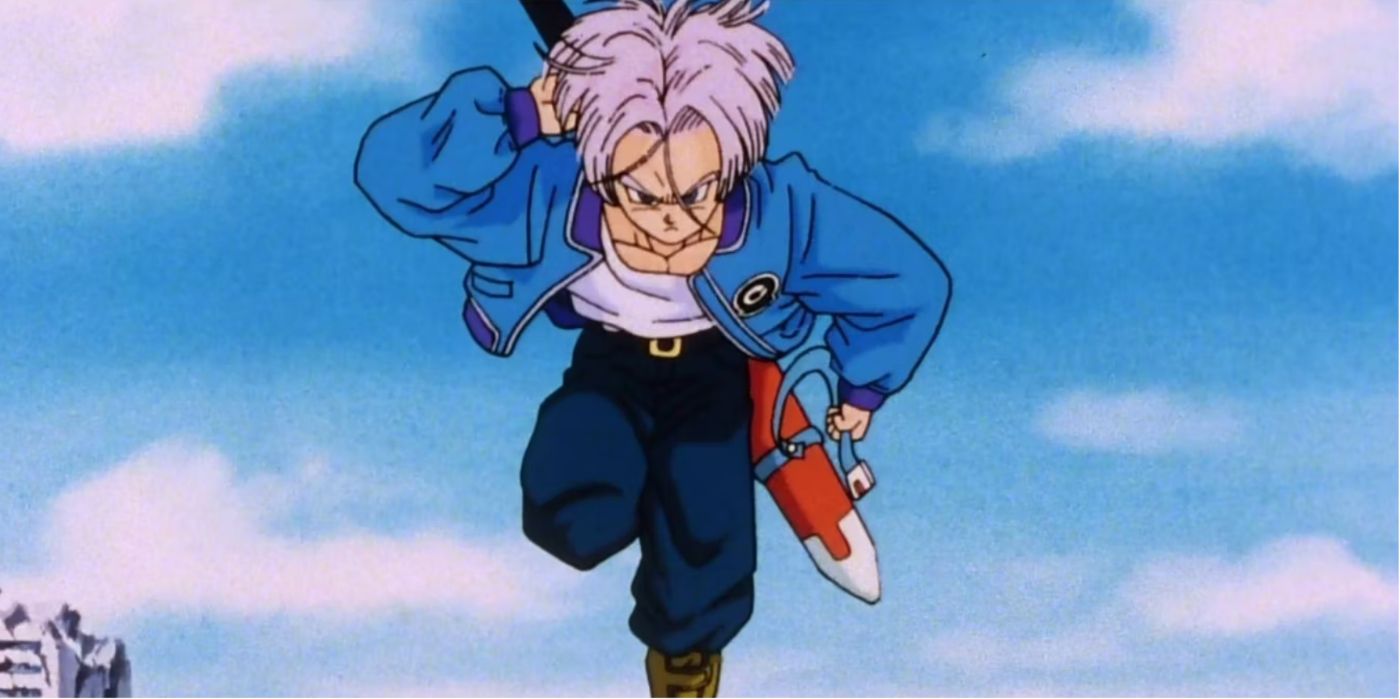 Image of Dragon Ball Z character Future Trunks mid-jump and preparing to draw the sword on his back.