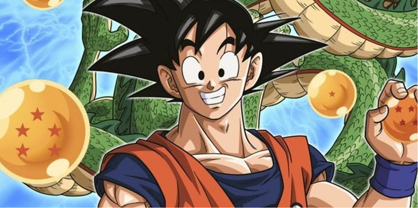 Dragon Ball Z character Goku surrounded by Dragon Balls with the dragon Shenron in the background.