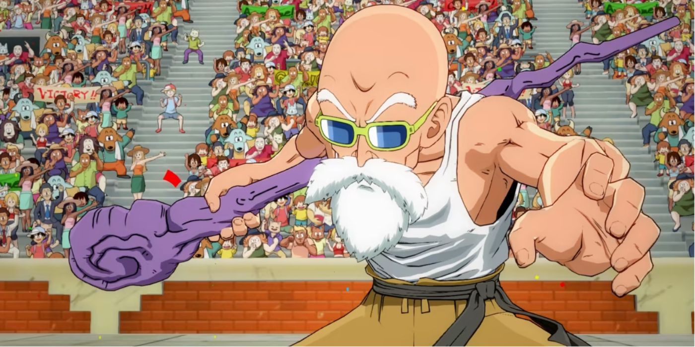 Imagem do personagem de Dragon Ball Z, Mestre Roshi, lutando no Torneio de Luta.