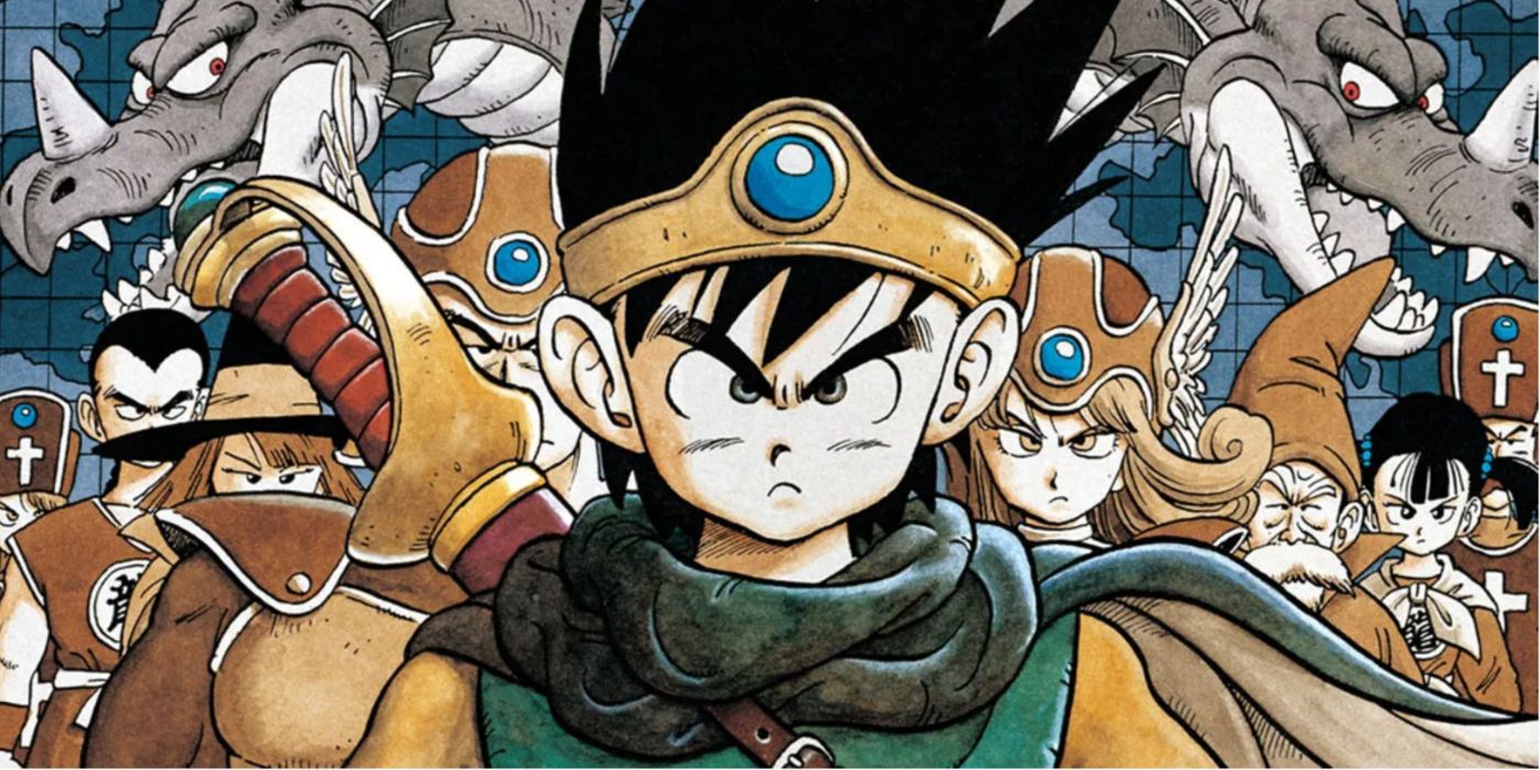 Key art of the Hero character in DQIII and the supporting cast behind him.