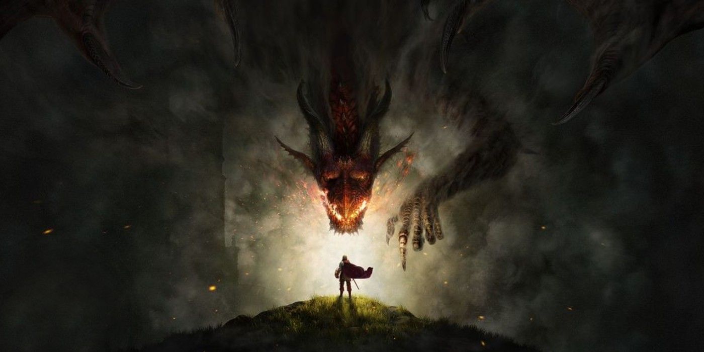 Dragons Dogma 2 key art featuring the protagonist and a massive dragon looming over them.