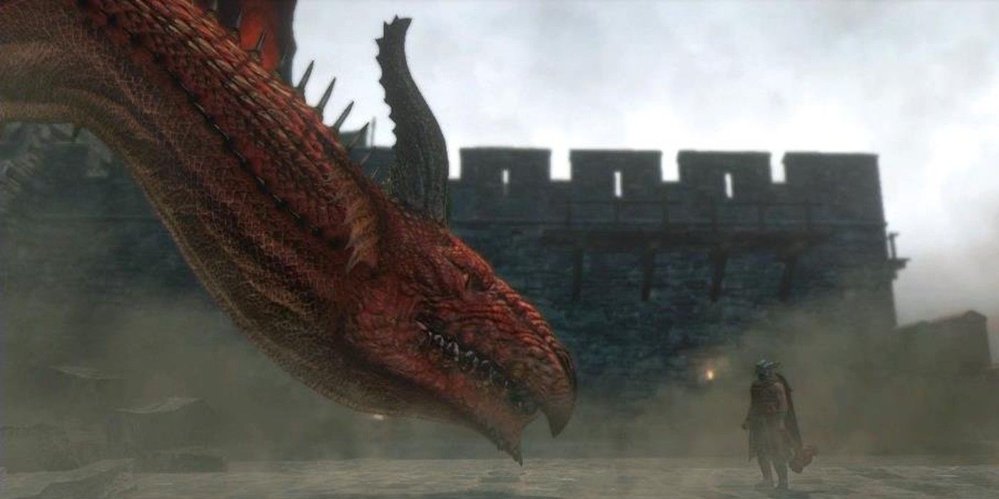 The dragon Grigori facing the protagonist Arisen in Dragon's Dogma.