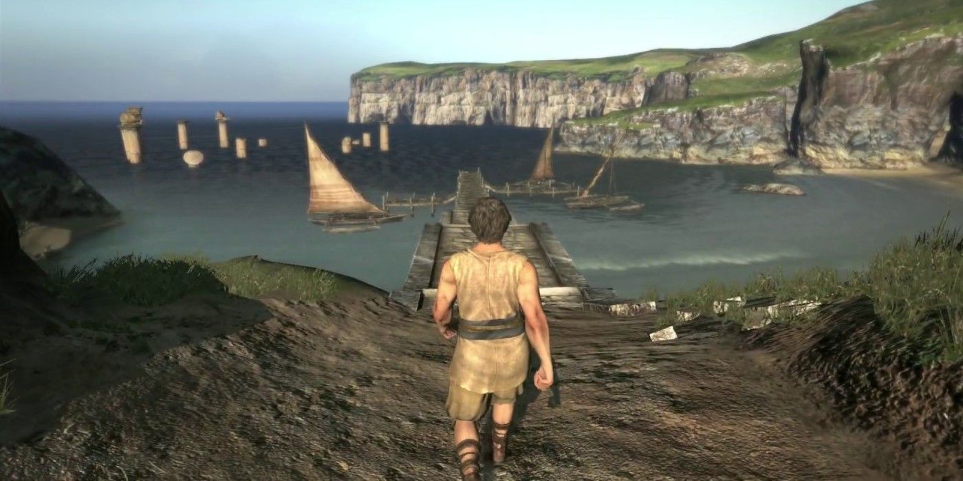 The Arisen walks the streets of Cassardis, looking towards the small harbor in a screenshot from Dragon's Dogma.