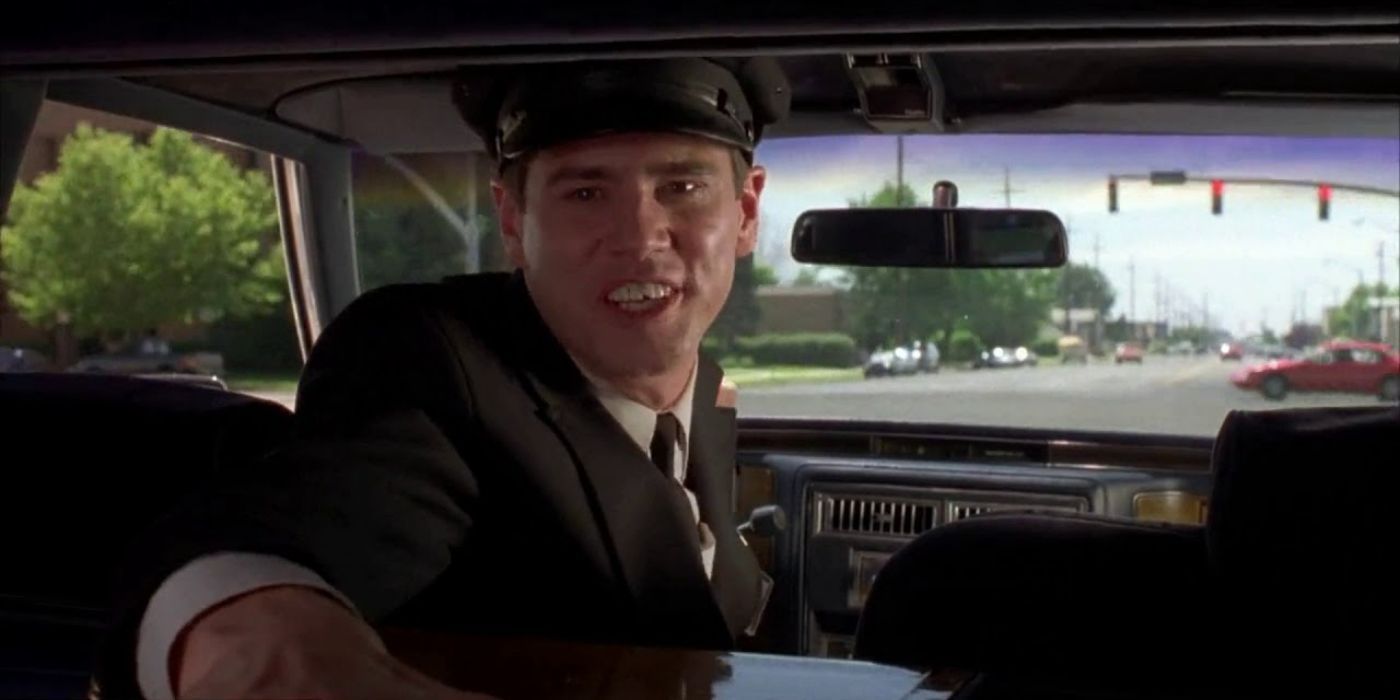 Lloyd Christmas driving a limo in Dumb and Dumber
