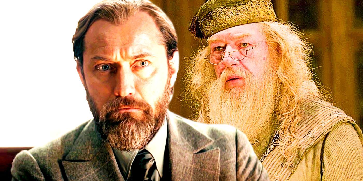 A composite image of young Dumbledore from Fantastic Beasts and older Dumbledore in Harry Potter
