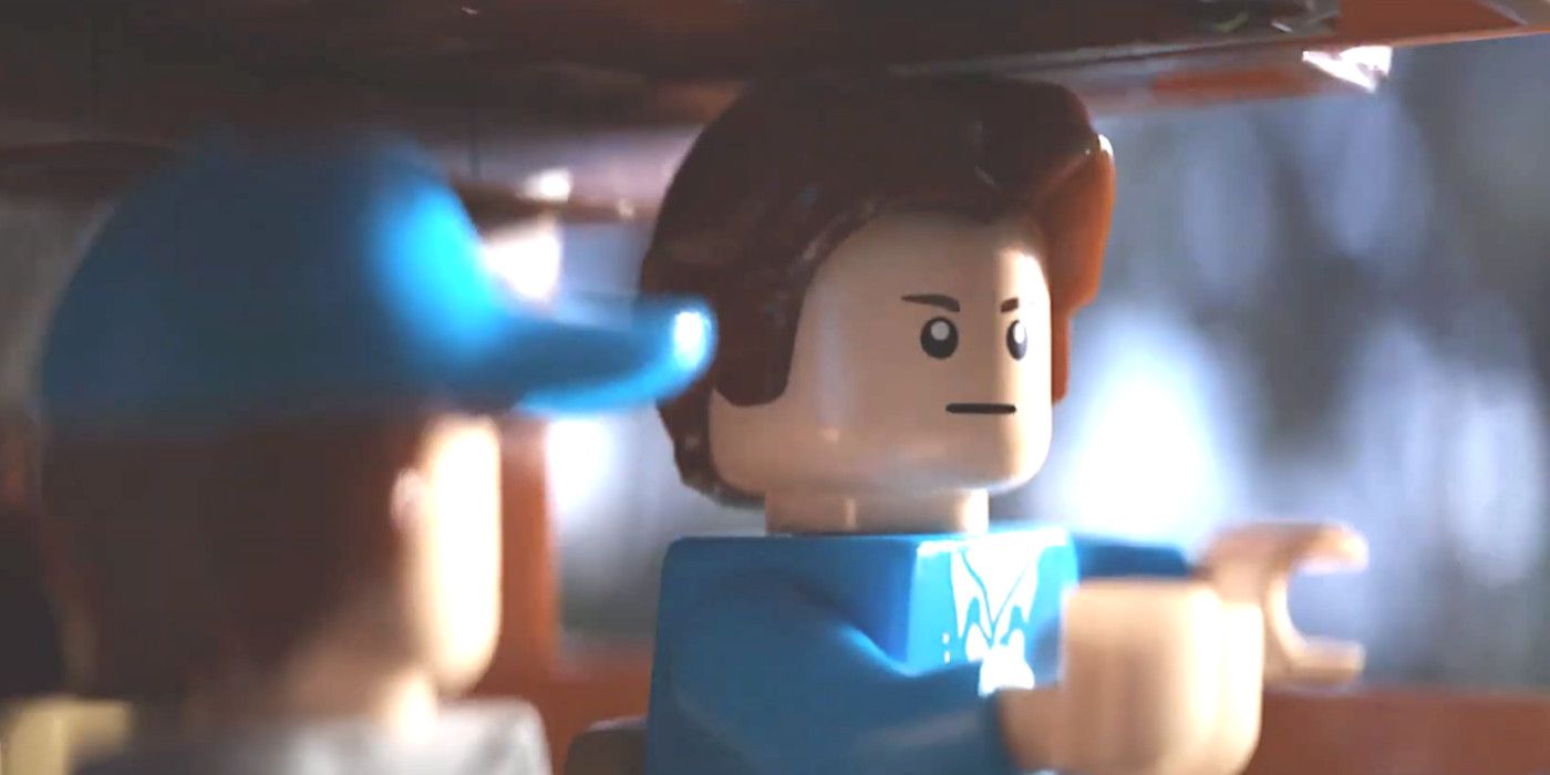 LEGO versions of Stranger Things' Dustin and Steve in a car having a conversation