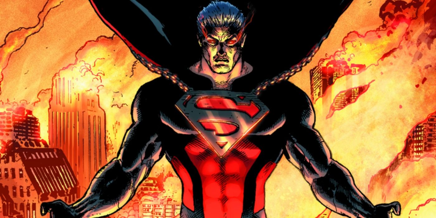 An evil version of Superman (foreground) against the backdrop of a burning city skyline.