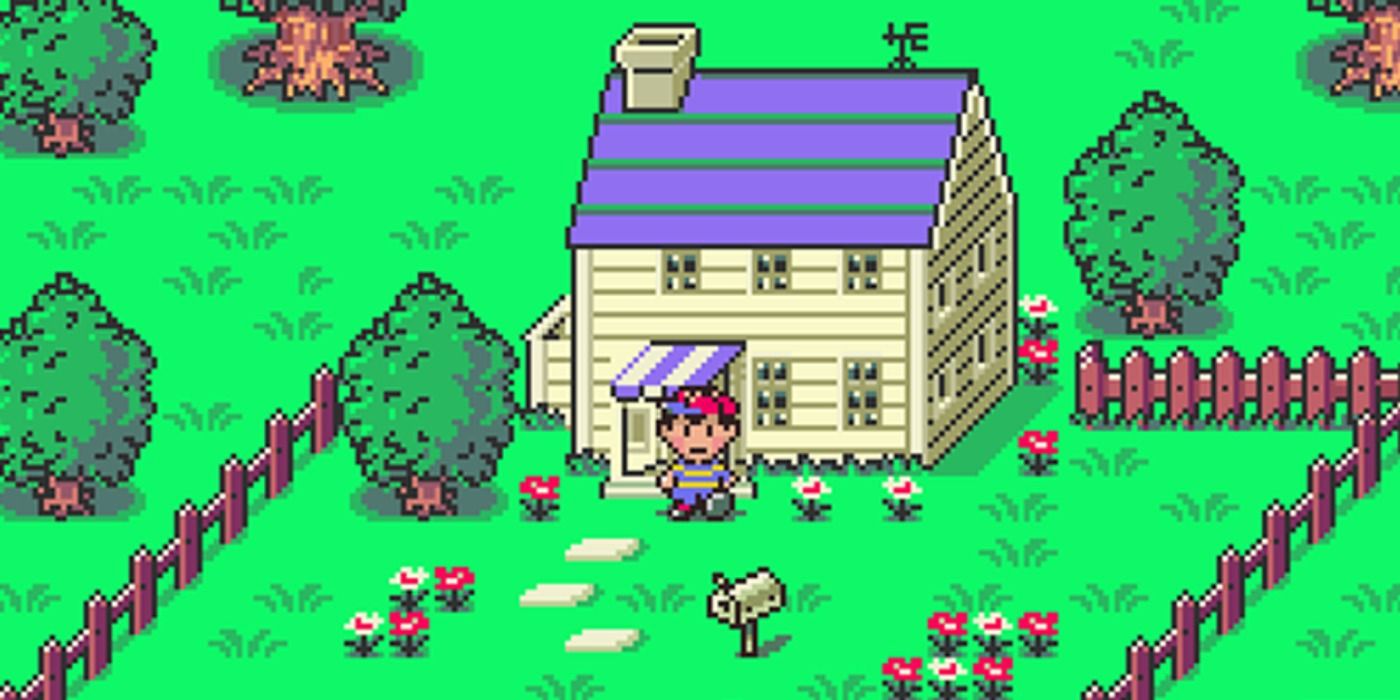 Ness standing in the front yard of a house in EarthBound.